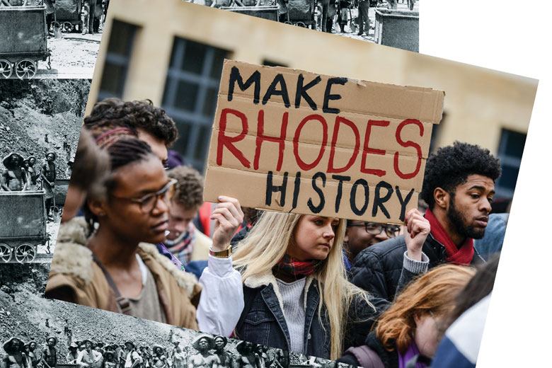 Student demonstrators holding 'Make Rhodes History' sign