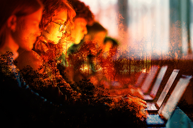 Students on laptops overlaid on an image of a forest fire. To illustrate that people use AI without realising that there’s an environmental footprint associated with it. Students on laptops overlaid on an image of a forest fire. To illustrate that people use AI without realising that there’s an environmental footprint associated with it.