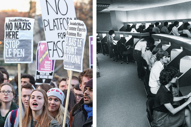 Student protesters and students at old computers