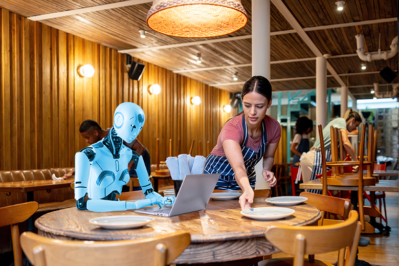 A student waitress cleans a table while a robot works on a laptop. To illustrate that more students are using AI to help with academic work as they have less time for studying because of their need for paid work.