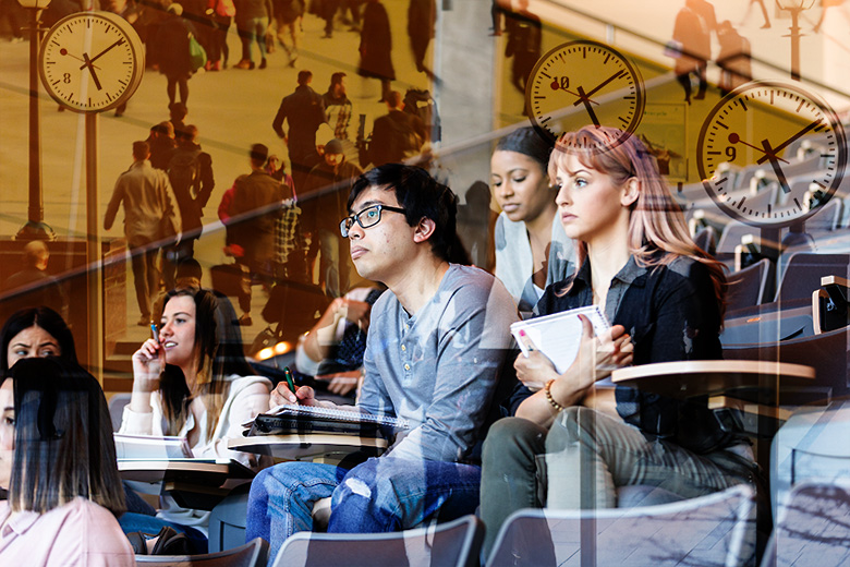 Montage of commuters with clocks and students in a lecture. To illustrate work experience as a part of university courses.