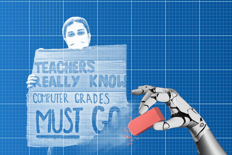 An A-level student protesting about computer grades in 2020 on a blueprint background, with a robot erasing the image. To illustrate doubt over whether algorithms could replace external examiners. An A-level student protesting about computer grades in 2020 on a blueprint background, with a robot erasing the image. To illustrate doubt over whether algorithms could replace external examiners.