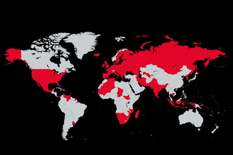 Map of the globe showing countries that will hold elections in 2024 (in red)