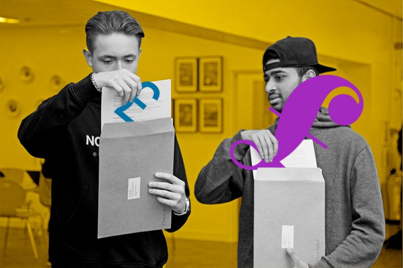 Two students opening their A-level results, with one of them pulling out a much larger pound sterling symbol from their envelope than the other. To illustrate the idea that A-level results should be considered when comparing employment outcomes. Two students opening their A-level results, with one of them pulling out a much larger pound sterling symbol from their envelope than the other. To illustrate the idea that A-level results should be considered when comparing employment outcomes.