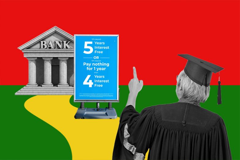 Academic walking towards a bank with a sign offering cheap credit. To illustrate the period of low interest rates that preceded the pandemic and encouraged vice-chancellors to borrow liberally to fund expansion and campus renewal.