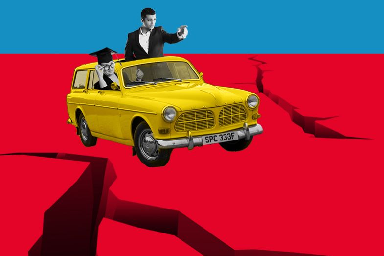 Car being driven by a vice-chancellor with a banker showing the way forward through cracks in the ground. To illustrate how banks can help universities avoid dangers ahead.