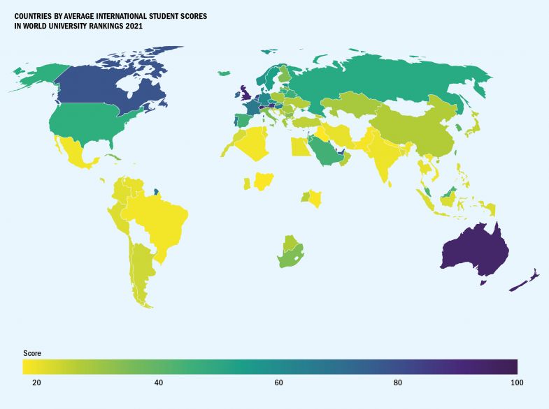 World map showing countries by average International student scores in World University Rankings 2021