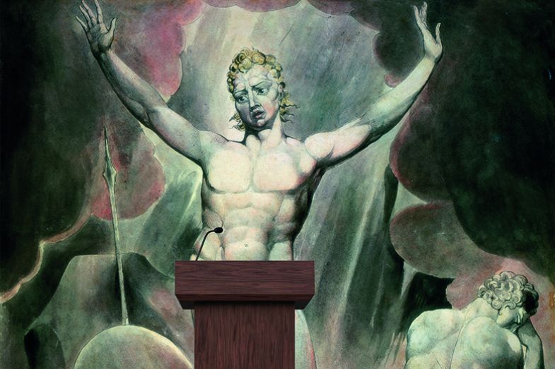 Montage of detail of ‘Satan Arousing the Rebel Angels’, 1808, by William Blake and modern lectern 
