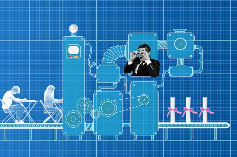 A blueprint of a machine, containing an external examiner with binoculars, which has inputs of students taking exams and outputs of degree diplomas. To illustrate that the external examiner system is an effective quality assurance mechanism. A blueprint of a machine, containing an external examiner with binoculars, which has inputs of students taking exams and outputs of degree diplomas. To illustrate that the external examiner system is an effective quality assurance mechanism.