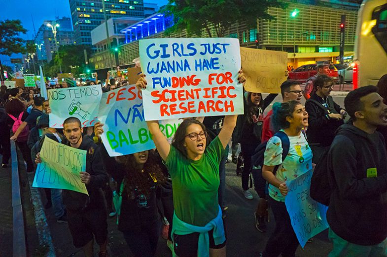 University students take part in a protest against the education policies of Brazilian president Jair Bolsonaro’s government in São Paulo, Brazil, 8 May 2019.