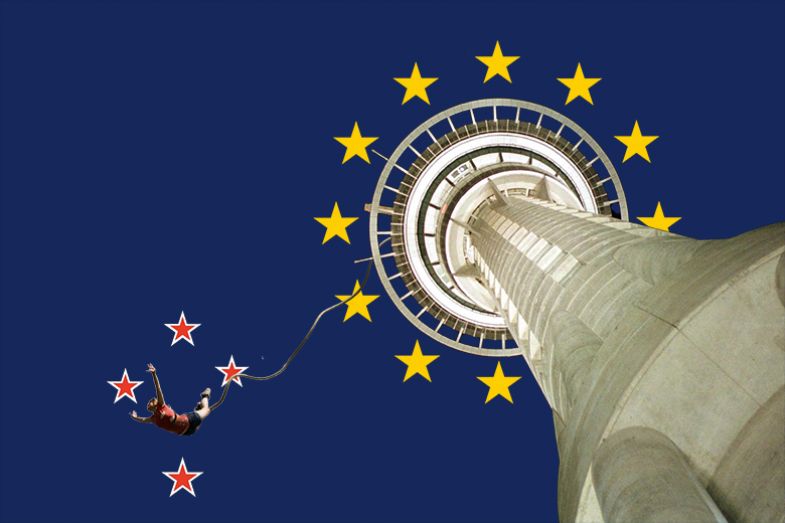 A bungee jumper falls from the Sky Tower in Auckland, moving from the stars of the EU flag in to the stars of the Southern Cross from the New Zealand flag. To illustrate whether New Zealand would wish to continue participation in Horizon Europe. A bungee jumper falls from the Sky Tower in Auckland, moving from the stars of the EU flag in to the stars of the Southern Cross from the New Zealand flag. To illustrate whether New Zealand would wish to continue participation in Horizon Europe.