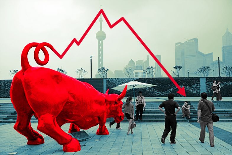 Visitors with a replica of the famous Wall Street bronze bull on the Bund in Shanghai, China. The tale of the bull has become an economic graph that is plunging, to illustrate that business education is facing a crisis of confidence in China.