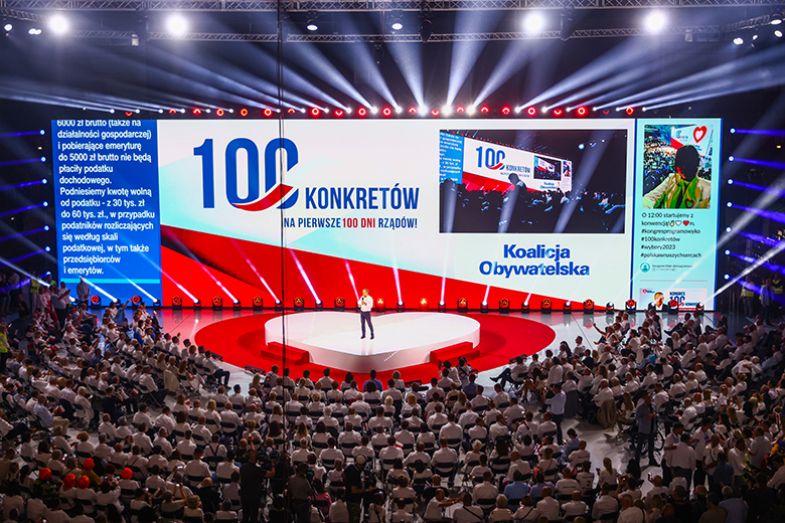 Donald Tusk, the leader of Civic Platform (PO) party, speaks during a Civic Coalition convention in Arena Jaskolka in Tarnow, Poland. The meeting was held under the slogan “100 policies for 100 days”.