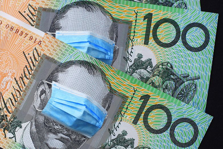 Australian 100 dollar notes with Covid masks over John Monash’s eyes. To illustrate that the post-Covid economic slump is partly to blame for the lack of funding for research.