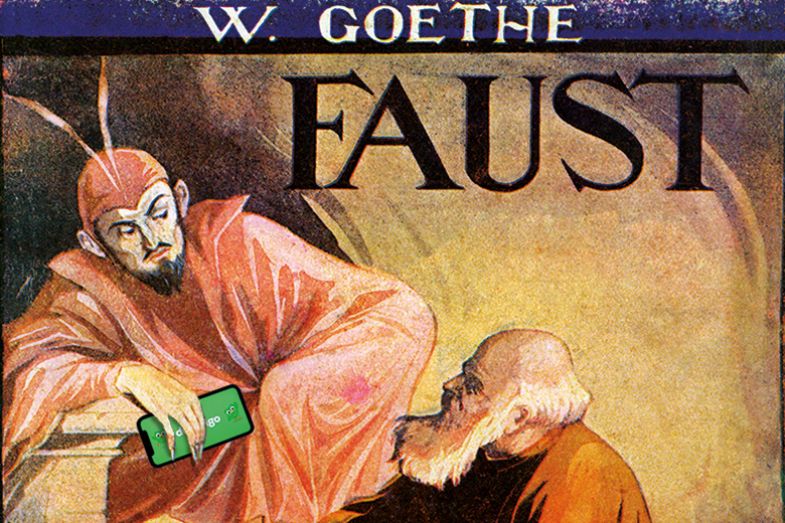 Faust talks to the devil, who is carrying a mobile phone