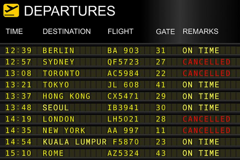 Flight departure board with destinations in the anglophone ‘big four’ countries cancelled. To illustrate changes in the destinations of Asian students. Flight departure board with destinations in the anglophone ‘big four’ countries cancelled. To illustrate changes in the destinations of Asian students.