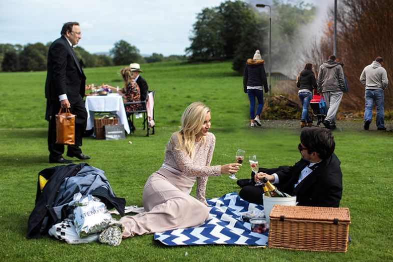 Montage of visitors holding picnics in the grounds of Glyndebourne opera house with people walking through the Possilpark area of Glasgow. To illustrate social mobility.
