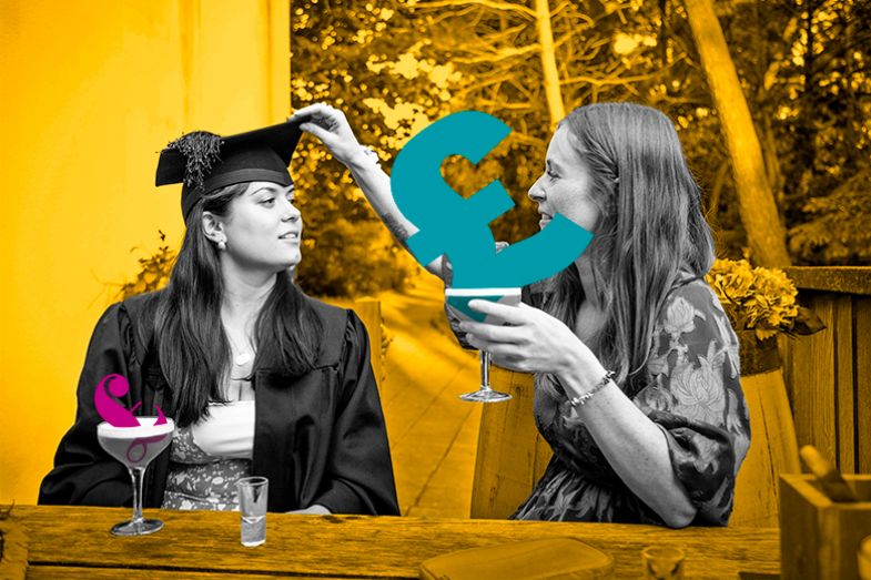 A graduate and friend having drinks, with the non-graduate having a larger pound sterling symbol in her drink. To illustrate that to some the graduate premium is a myth. A graduate and friend having drinks, with the non-graduate having a larger pound sterling symbol in her drink. To illustrate that to some the graduate premium is a myth.