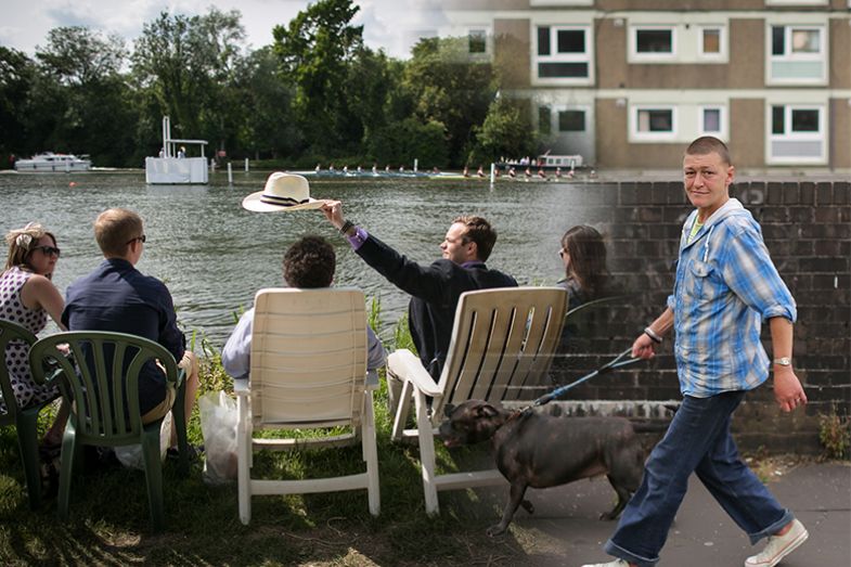 Montage of visitors at the Henley Royal Regatta sitting beside the river with a person walking their dog in a housing estate in Rochdale. To illustrate social mobility.