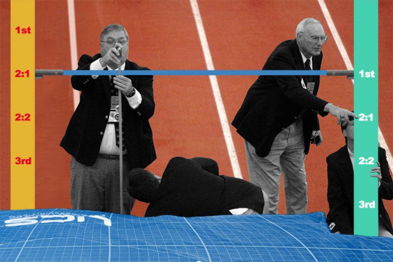 High jump officials setting the height of the bar, with different degree grades on two different scales. To illustrate the difficulty of standardising grades across different institutionsrs can provide assurance. High jump officials setting the height of the bar, with different degree grades on two different scales. To illustrate the difficulty of standardising grades across different institutionsrs can provide assurance.