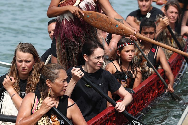 New Zealand Prime Minister Jacinda Ardern joins the the crew on the Te Whanau Moana waka