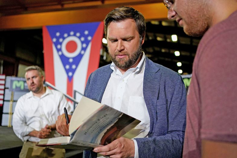 J. D. Vance, the venture capitalist and author of Hillbilly Elegy, speaks with supporters following a rally on Thursday 1 July 2021, in Middletown, Ohio, where he announced he is joining the crowded Republican race for the Ohio US Senate seat.