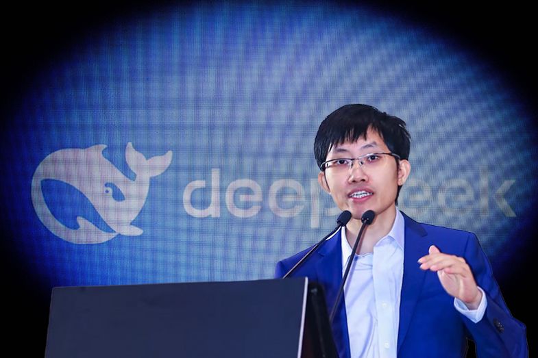 Liang Wenfeng, founder of startup DeepSeek, with the DeepSeek logo behind.