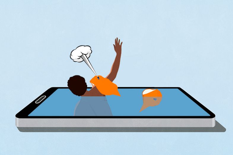 Man drowning in a mobile phone, with speech bubble armbands that are deflating. To illustrate whether digital testing of English language is good enough for students to succeed at university.