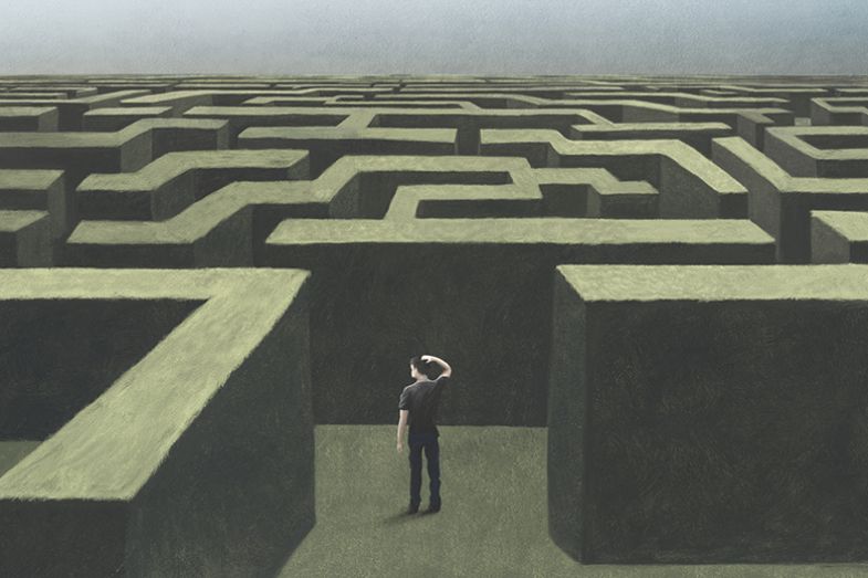 Illustration: man in a maze stands still and scratches his head
