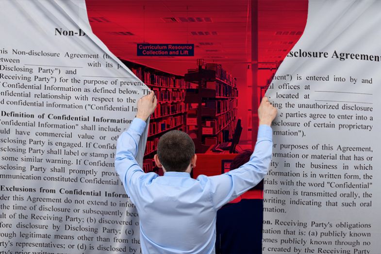 A man pulling a curtain, on which there is a non-disclosure agreement, blocking access to a university library. To illustrate the chilling effect that NDAs can have on academic freedom. A man pulling a curtain, on which there is a non-disclosure agreement, blocking access to a university library. To illustrate the chilling effect that NDAs can have on academic freedom.
