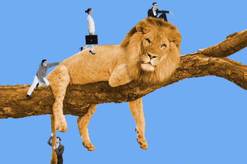 People climbing up a resting lion, illustrating inequalities in terms of which types of university receive funding from the Research Excellence Framework.