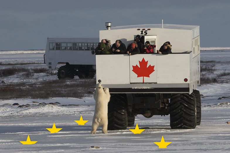 Polar bear watchers on a truck near Cape Churchill, Manitoba, Canada with stars from the EU flag sticking out of the ice. To illustrate whether participating in Horizon Europe remains attractive for third countries. Polar bear watchers on a truck near Cape Churchill, Manitoba, Canada with stars from the EU flag sticking out of the ice. To illustrate whether participating in Horizon Europe remains attractive for third countries.