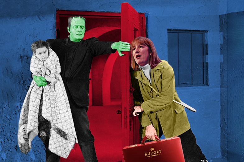 Montage of Rachel Reeves holding the budget briefcase and pushing against a door from which Frankenstein’s monster is emerging holding a child. To illustrate the government trying to ignore the student loan debt situation.