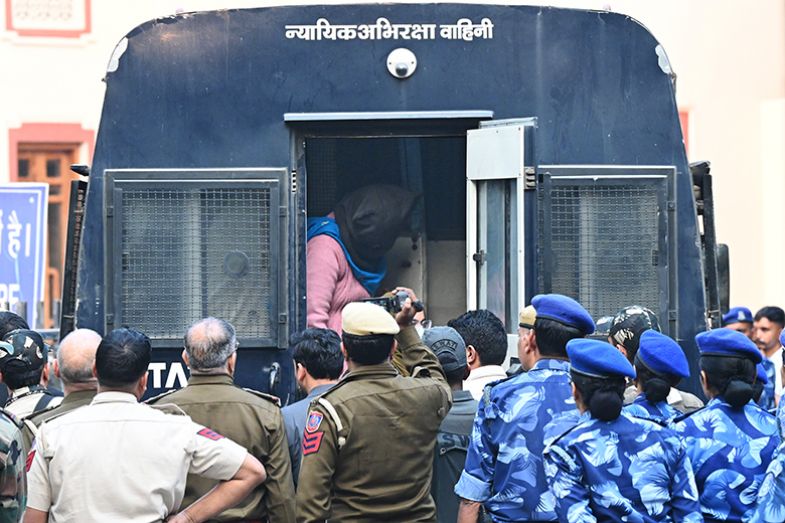 An accused in the car bomb blast near the Red Fort, face covered, being brought to the Patiala House Court on 20 November 2025 in New Delhi, India. An accused in the car bomb blast near the Red Fort, face covered, being brought to the Patiala House Court on 20 November 2025 in New Delhi, India.