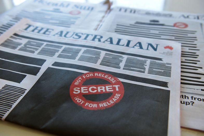 Front page of The Australian newspaper is seen on 21 October 2019 in Melbourne, Australia. The front page of every newspaper across Australia was blacked out as part of a protest against media restrictions. To illustrate non-disclosure agreements. Front page of The Australian newspaper is seen on 21 October 2019 in Melbourne, Australia. The front page of every newspaper across Australia was blacked out as part of a protest against media restrictions. To illustrate non-disclosure agreements.