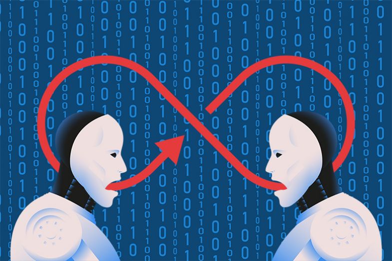 Two robots in a feedback loop, illustrating autophagy in AI whereby data produced by AI is fed back to itself.