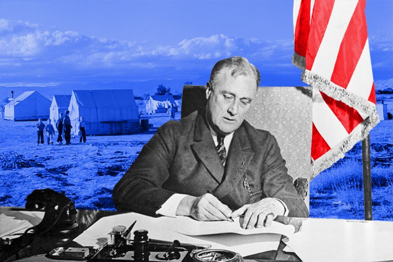 Franklin Delano Roosevelt signing the Emergency Banking Act on 9 March 1933, one of the first acts of his New Deal. The background shows housing for families of Works Progress Administration employees on the plains, California