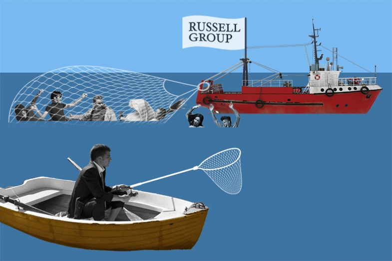 A large trawler flying a Russell Group flag hauling in students with a large net, while a man with a small empty net sits in a rowing boat. To illustrate that higher-tariff universities hoover up greater shares of student applicants.