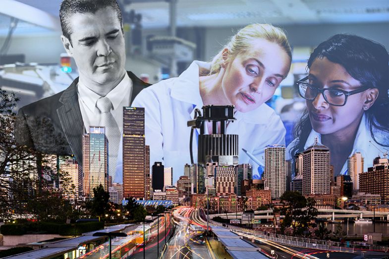 Scientists with an official looking over their shoulder conducting research over the Brisbane cityscape. As an illustration that research should be put to economically productive use, which some fear would diminish university autonomy.