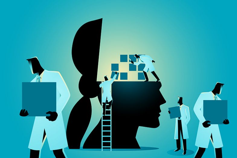 Data being removed by male scientists from a female brain, as an illustration of people claiming her ideas as their own. Data being removed by male scientists from a female brain, as an illustration of people claiming her ideas as their own.