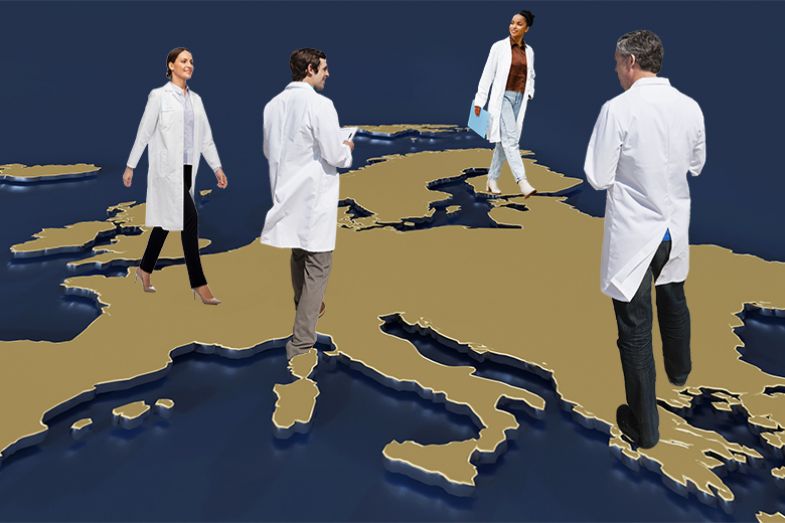 Scientists walking across a map of Europe, to illustrate freedom of movement of researchers in the European Research Area. 