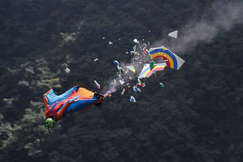 Skydiver smashing a target