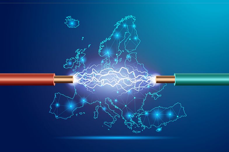 Sparks from wires connecting across a map of Europe with connections made within the map. To illustrate how a European Research Area could boost the research power of Europe.