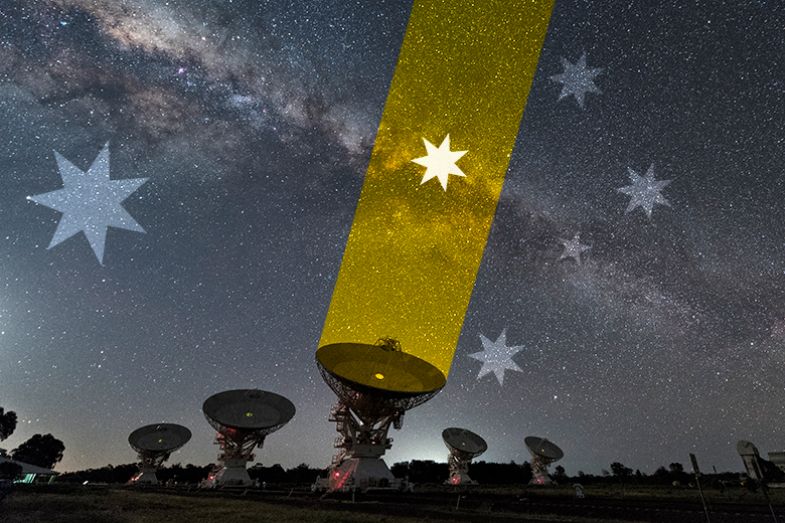 The Australia Telescope Compact Array radio telescope in Narrabri. With a beam of light singling out one star of the southern cross in the sky, to illustrate that the narrow focus of applied research can miss out on potential discoveries.