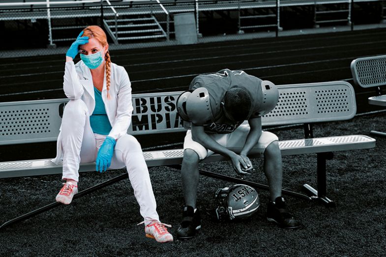 Montage of female scientist sitting next to American football player on bench