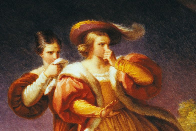 Smell and odor, detail from the decoration of a vase depicting the five senses, 1825, painted by E Fragonard, porcelain, Sevres manufacture, Ile-de-France. France, 19th century