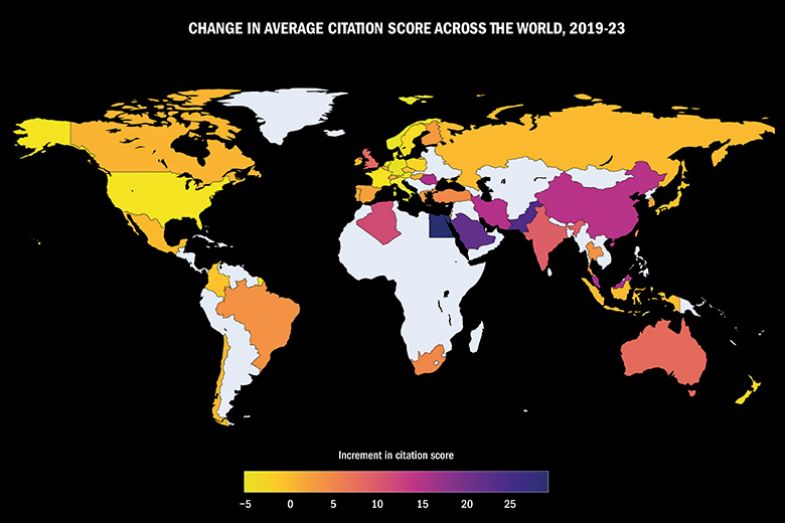 Change in average citation score across the world 