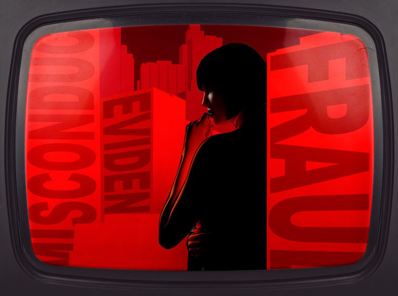 Thoughtful woman looking at blocks depicting evidence, misconduct and fraud, on a television screen. To illustrate scientific sleuthing.