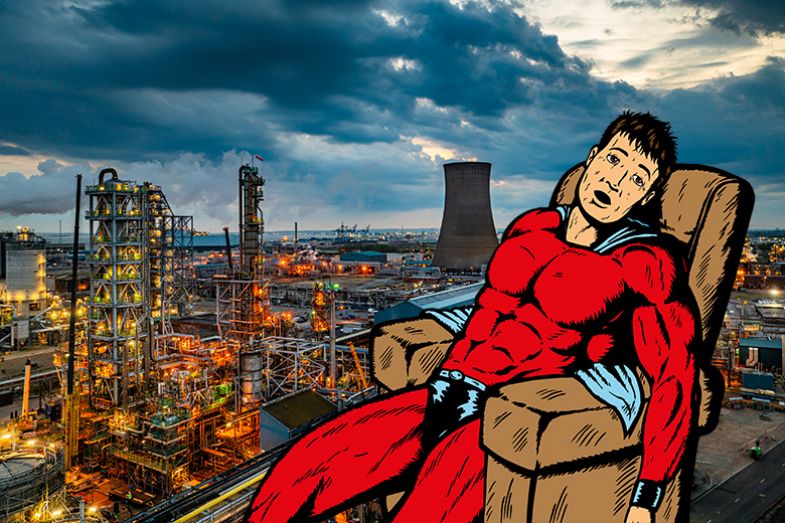 A tired superhero with a Humber refinery in the background. To illustrate that if the future is fewer, larger institutions, we need to consolidate with purpose, protecting regional research.