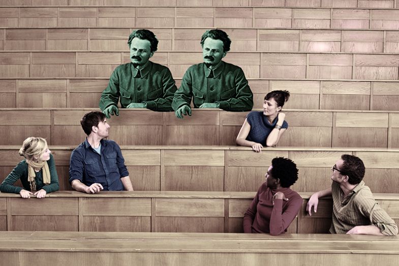 Montage of photo of Trotsky sitting in a modern lecture hall with students